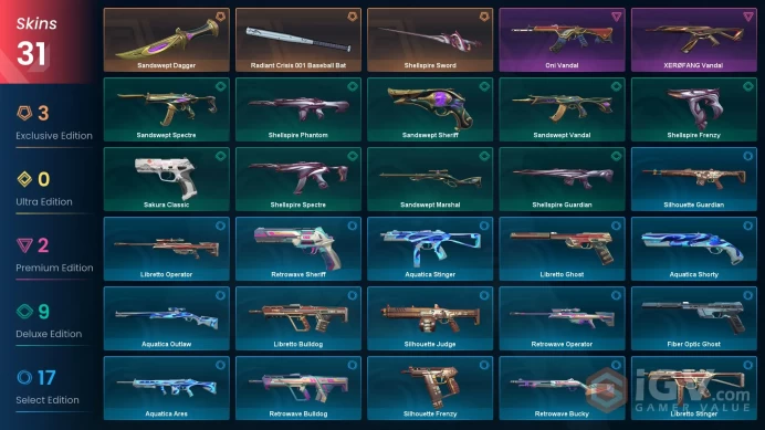 [NA]  31 SKINS | 3 KNIFES | Radiant Crisis 001 Baseball Bat  | Shellspire Sword |  Sandswept Dagger |  XERØFANG Vandal  | Oni Vandal ~ 8,375 VP 