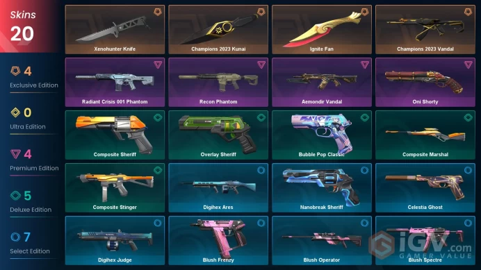 EU [ 20 TOP SKINS + 3 KNIFE ] Champions 2023 Kunai + Xenohunter Knife + Champions 2023 Vandal + Recon Phantom / full acces