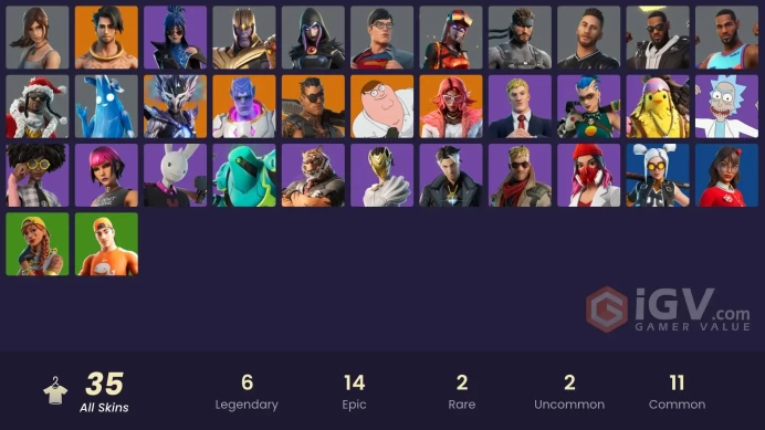 | PC/PSN/XBOX | 35 SKINS | Peter Griffin | Spire Assassin | Raz | Valeria | Kymera | Joey | Blaze | Agent Jones | Tarana | 350 VBUCKS | FpNtG |