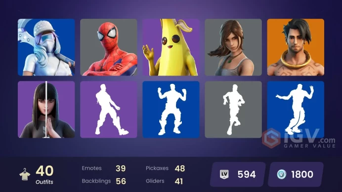 | PC | 40 SKINS | Blackheart | Spire Assassin | Ruin | Ronin | Hybrid | Torin | Raz | Kymera | Spider-Man | Peely | Kor | 1800 VBUCKS | FpSMU |