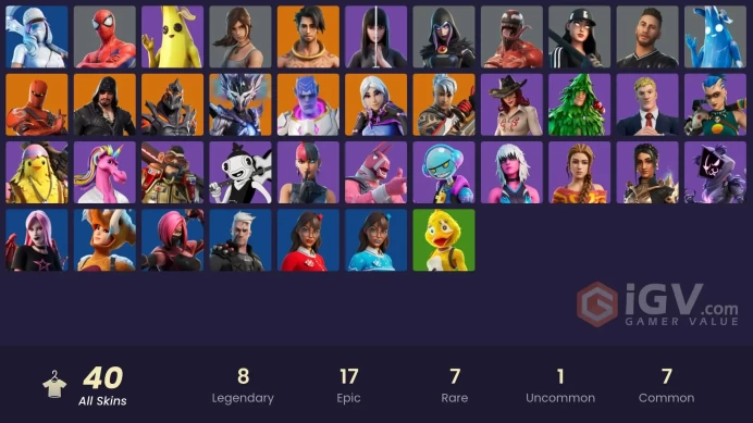 | PC | 40 SKINS | Blackheart | Spire Assassin | Ruin | Ronin | Hybrid | Torin | Raz | Kymera | Spider-Man | Peely | Kor | 1800 VBUCKS | FpSMU |