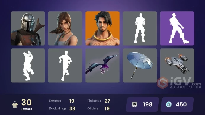 | PC/PSN/XBOX | 30 SKINS | Midas Rex | Menace | Raz | Mandalorian | Predator | Mecha Cuddle Master | Lexa | Deimos | Mave | 450 VBUCKS | Fow0Z |