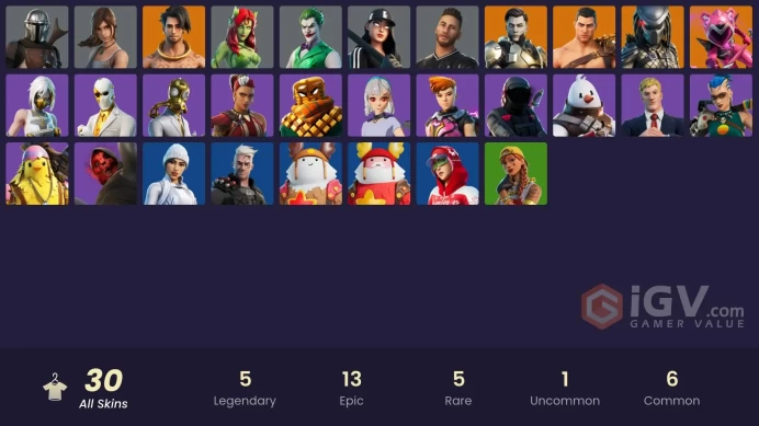 | PC/PSN/XBOX | 30 SKINS | Midas Rex | Menace | Raz | Mandalorian | Predator | Mecha Cuddle Master | Lexa | Deimos | Mave | 450 VBUCKS | Fow0Z |