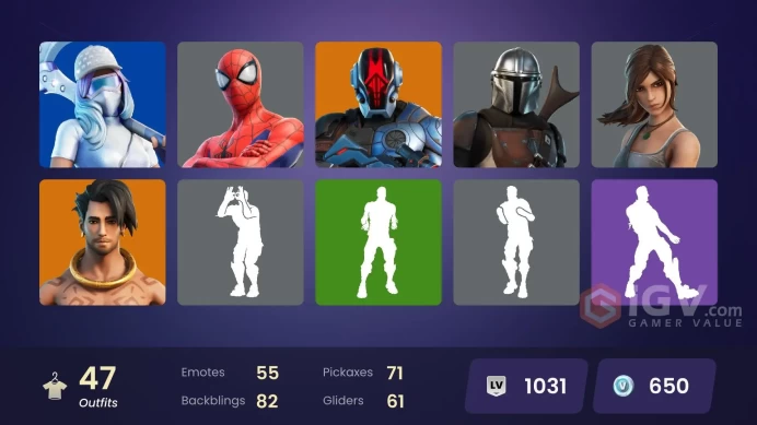 | PC/XBOX | 47 SKINS | The Foundation | Spire Assassin | Mandalorian | Predator | Ronin | Joey | Kymera | Menace | Raz | 650 VBUCKS | Fov0O |
