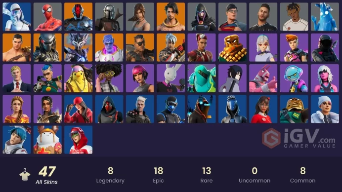 | PC/XBOX | 47 SKINS | The Foundation | Spire Assassin | Mandalorian | Predator | Ronin | Joey | Kymera | Menace | Raz | 650 VBUCKS | Fov0O |