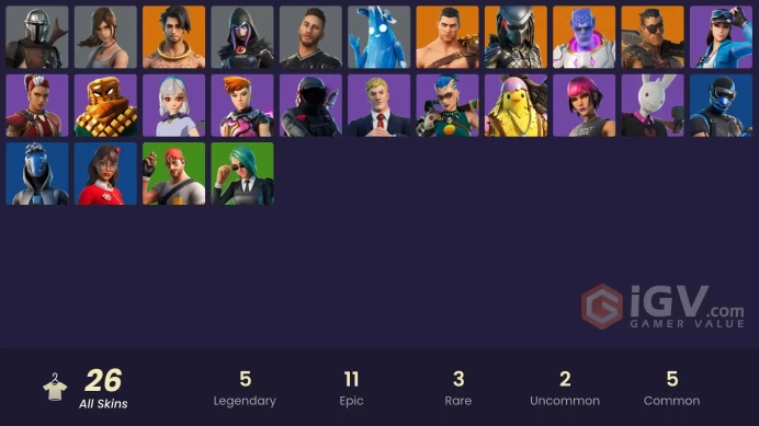 | PC/XBOX | 26 SKINS | Kymera | Menace | Joey | Predator | Raz | Mandalorian | Neymar Jr | Tarana | Agent Jones | Lexa | 500 VBUCKS | Fo1By |