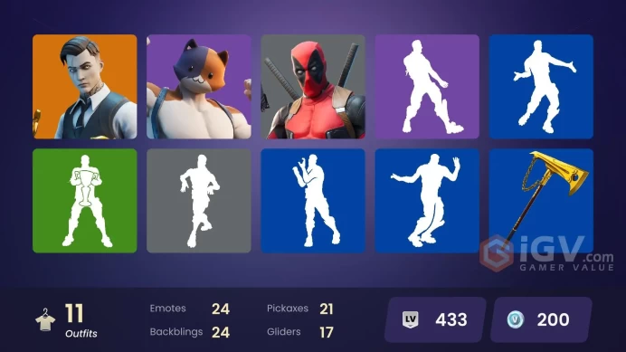 | PC/PSN/XBOX | 11 SKINS | Midas | Gear Specialist Maya | Deadpool | Skye | TNTina | Brutus | Meowscles | Agent Peely | 200 VBUCKS | Fnqwo |