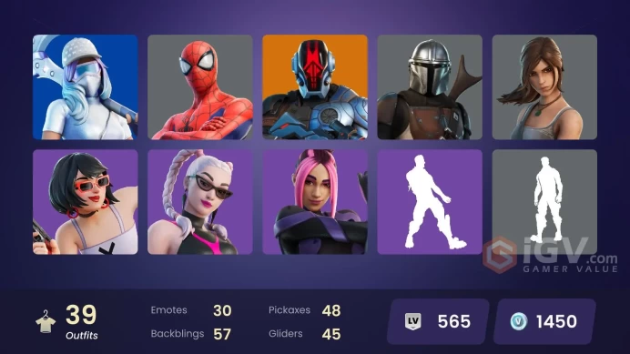 | PC/PSN/XBOX | 39 SKINS | Predator | The Foundation | Menace | Ronin | Mandalorian | Snap | Malik | Lara Croft | Gumbo | 1450 VBUCKS | FiJhY |
