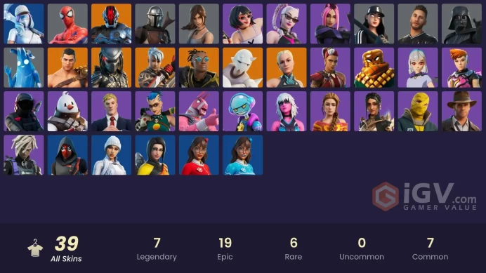 | PC/PSN/XBOX | 39 SKINS | Predator | The Foundation | Menace | Ronin | Mandalorian | Snap | Malik | Lara Croft | Gumbo | 1450 VBUCKS | FiJhY |