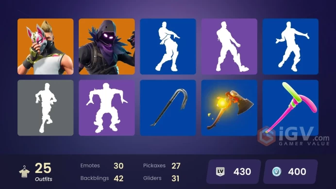 | PC/XBOX | 25 SKINS | Calamity | Ragnarok | Enforcer | Drift | Dire | A.I.M. | Wild Card | Raven | Slayer Juice WRLD | 400 VBUCKS | FoQXR |