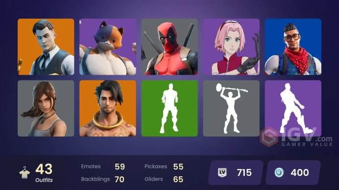| PC/XBOX | 43 SKINS | Raz | Gear Specialist Maya | Fade | Deadpool | Midas | Kingsley | Lara Croft | TNTina | Thor | Kit | 400 VBUCKS | FntMC |
