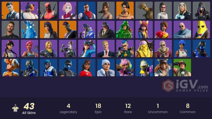 | PC/XBOX | 43 SKINS | Raz | Gear Specialist Maya | Fade | Deadpool | Midas | Kingsley | Lara Croft | TNTina | Thor | Kit | 400 VBUCKS | FntMC |