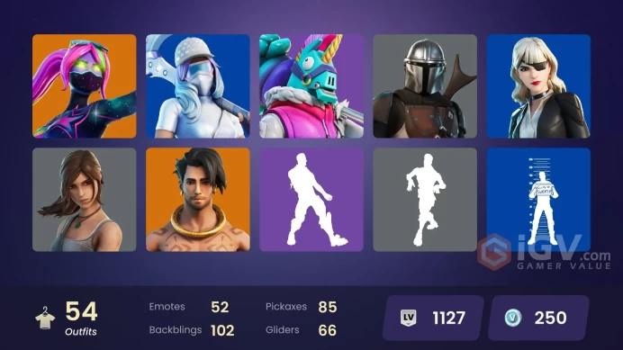 | PC/PSN/XBOX | 54 SKINS | Midas Rex | Renzo the Destroyer | Raz | Mizuki | Joey | Mecha Cuddle Master | Alli | Vi | Zyg | 250 VBUCKS | Fj55y |