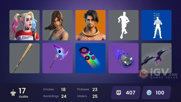 | PC/PSN | 17 SKINS | Renzo the Destroyer | Kymera | Mizuki | Raz | Thunder | Imani | Stray | Lara Croft | Cluck | Tarana | 100 VBUCKS | FniU3 |