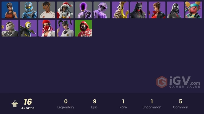| PC/PSN/XBOX | 16 SKINS | 1-Ball | Slayer Juice WRLD | Santa Dogg | Felina | Peely Bone | TB3 | Yulejacket | Meowdas | 350 VBUCKS | Fnkl2 |