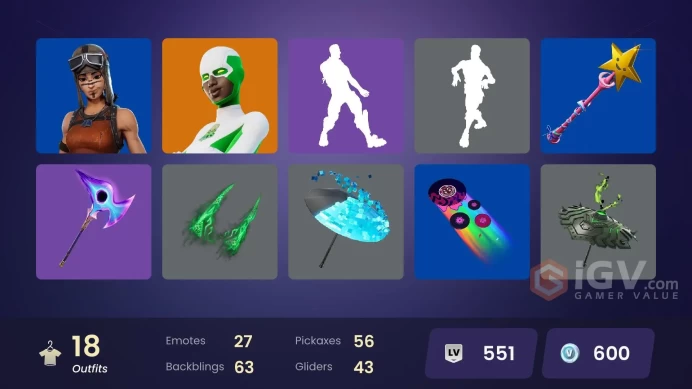 | PC/XBOX | 18 SKINS | Backlash | Felina | Dark Voyager (Reality Redacted) | Miles Cross | Katalina | Kingston | Carina | 600 VBUCKS | FnyTE |