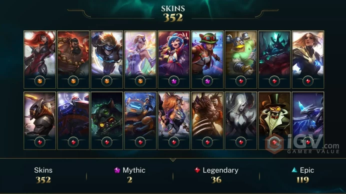 [D154] NA/EUW/OCE/JP/ 172 heroes / 352skins /  Instant Delivery/ Can change bound email and password/Can be transferred to any server