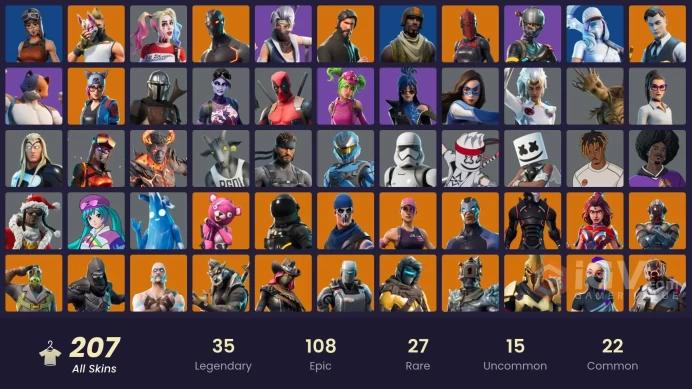 FA / 204 SKINS / THE REAPER / RENEGADE RAIDER / AERIAL ASSAULT TROOPER / ELITE AGENT / GOLD MIDAS / OMEGA (STAGE 5) / EXPLORER EMILIE / OG STW