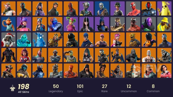 FA / 181 SKINS / THE REAPER / GLOW / BLUE SQUIRE / TAKE THE L / ROYALE KNIGHT / OMEGA (STAGE 5) / OG STW