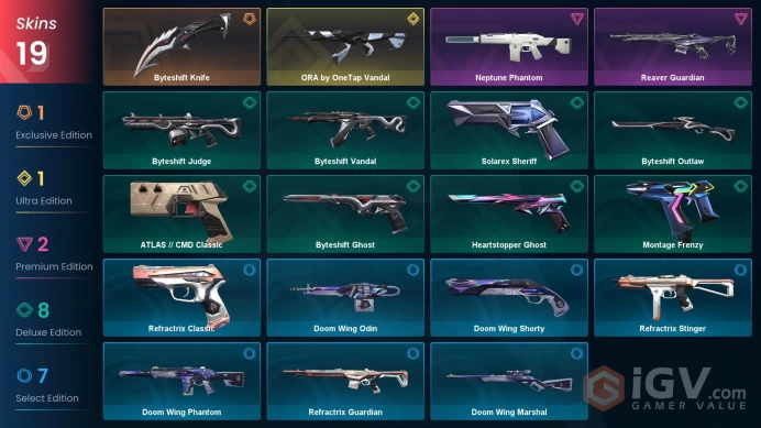 LATAM 19 skins | ORA by OneTap Vandal | Byteshift Knife | Neptune Phantom | Reaver Guardian | Byteshift Vandal | Byteshift Judge | V0424