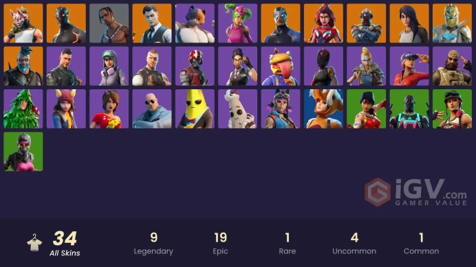 (PC PSN XBOX) 34 skins | Travis Scott | Gold Midas | Valor | Gear Specialist Maya | Carbide | Omegarok | The Visitor | Spectra Knight | Omega | 