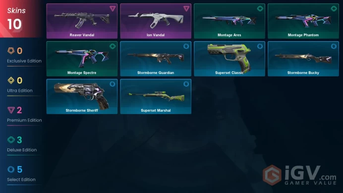 EU 10 skins | Reaver Vandal | Ion Vandal | Montage Spectre | Montage Phantom | Montage Ares | Superset Marshal | Superset Classic | V0447