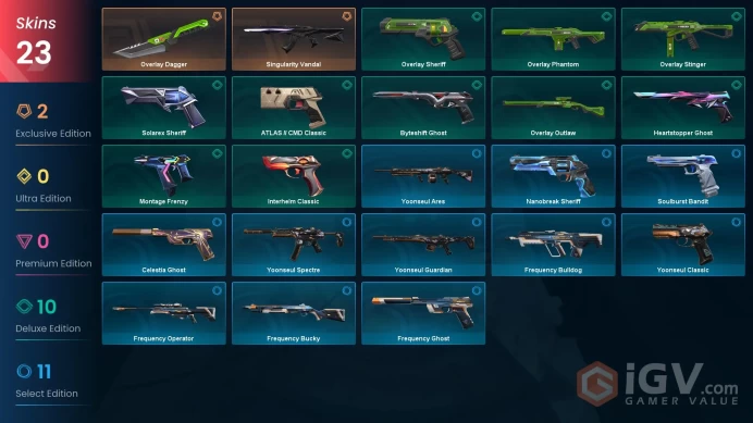 EU 23 skins | Singularity Vandal | Overlay Dagger | Overlay Stinger | Overlay Sheriff | Overlay Outlaw | Solarex Sheriff | V0530