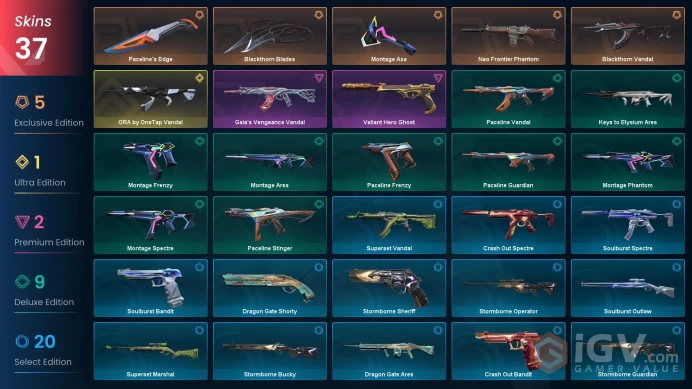 EU 37 skins | ORA by OneTap Vandal | Neo Frontier Phantom | Montage Axe | Gaia's Vengeance Vandal | Blackthorn Vandal | V0550