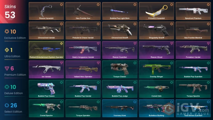 NA/USA 43425 Spent VP Prime//2.0 Karambit Spectrum Phantom Neo Frontier Marshal ChronoVoid Vandal Forsaken Vandal Ion Vandal Valiant Hero Operat