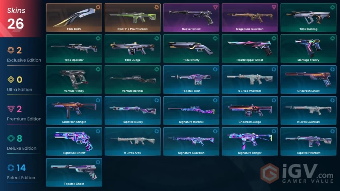 AP | 26 skins | RGX 11z Pro Phantom | Tilde Knife | Reaver Ghost | Magepunk Guardian | Tilde Bulldog | Venturi Marshal | Tilde Judge | G8950
