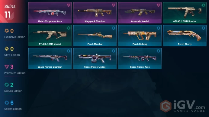 AP | 11 skins | Aemondir Vandal | Magepunk Phantom | Gaia's Vengeance Ares | ATLAS // CMD Vandal | ATLAS // CMD Spectre | Perch Marshal | X6075