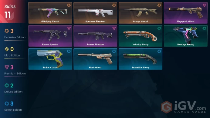 EU | 11 skins | Araxys Vandal | Spectrum Phantom | Glitchpop Vandal | Reaver Phantom | Reaver Spectre | Magepunk Ghost | Velocity Shorty | D1526