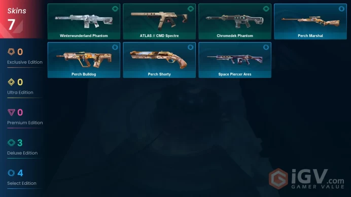 EU | 7 skins | ATLAS // CMD Spectre | Chromedek Phantom | Winterwunderland Phantom | Space Piercer Ares | Perch Marshal | Perch Shorty | V9755