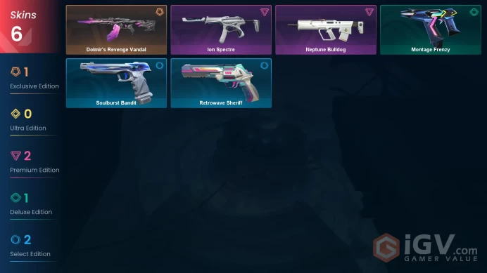 EU | 6 skins | Dolmir's Revenge Vandal | Neptune Bulldog | Ion Spectre | Montage Frenzy | Soulburst Bandit | Retrowave Sheriff | M4628