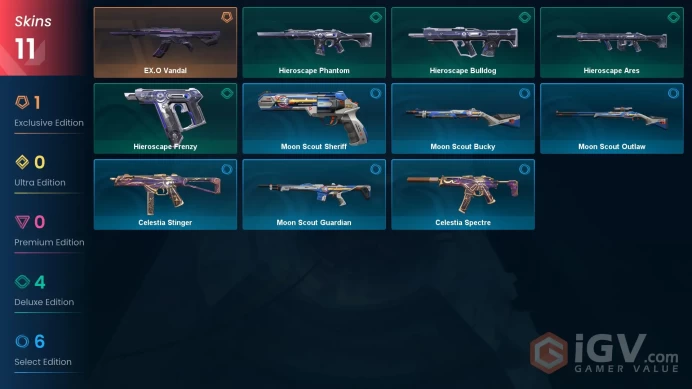AP | 11 skins | EX.O Vandal | Hieroscape Frenzy | Hieroscape Bulldog | Hieroscape Ares | Hieroscape Phantom | Celestia Spectre | V8849