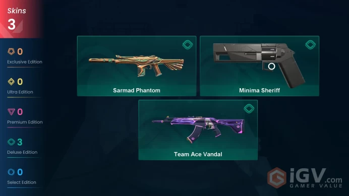 | EU | 3 SKINS | VALUE: 3825 VP | Team Ace Vandal | Sarmad Phantom | Minima Sheriff | 18 LEVEL | INSTANT DELIVERY | FULL ACCESS | FmVS8 |