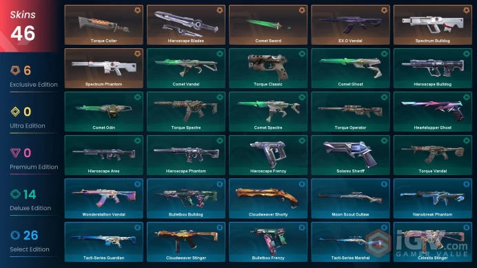[NA] 46 SKINS | 3 KNIFES | Torque Coiler |  Spectrum Phantom  | EX.O Vandal |  Hieroscape Blades  | Comet Sword  | ~ 8,600 VP Inventory value