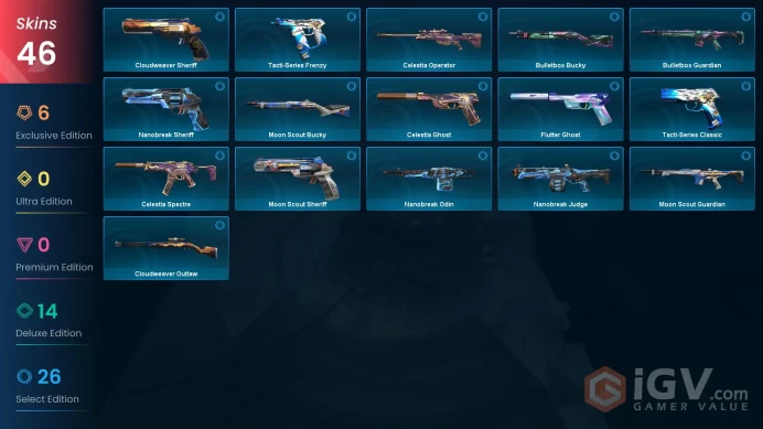 [NA] 46 SKINS | 3 KNIFES | Torque Coiler |  Spectrum Phantom  | EX.O Vandal |  Hieroscape Blades  | Comet Sword  | ~ 8,600 VP Inventory value