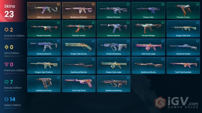EU | 23 skins | Mystbloom Phantom | Glitchpop Vandal | Paceline Vandal | Solarex Spectre | Solarex Phantom | Paceline Frenzy | Q9336