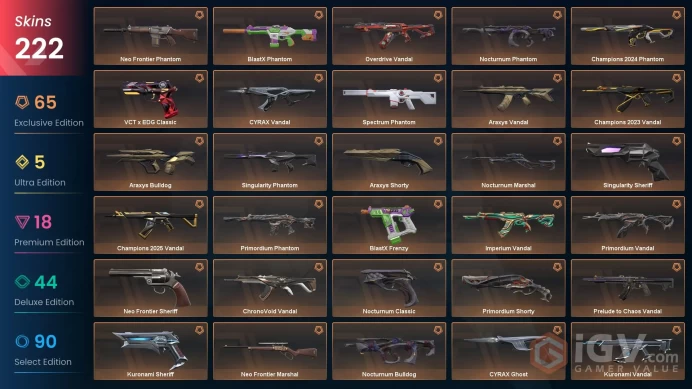 EU/GBR 242905 Spent VP Ignite Fan Champions 2024-2025 Bundle VCT 2026 Sigil VCT 2025 Karambit Champions 2023 Vandal Evori Dreamwings Vandal Prim