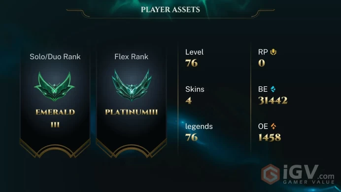 [EUNE] | Emerald III  | Champion 77 | 31K BE+ |  LVL 30 |  | Full Access | Instant Delivery |Unverified Email | AABB