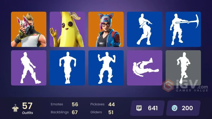 | PC/XBOX | 57 SKINS | Lynx | Catalyst | Singularity | Drift | Rox | Vendetta | Ragnarok | Sentinel | Ruin | Luxe | Peely | 200 VBUCKS | Fqarg |