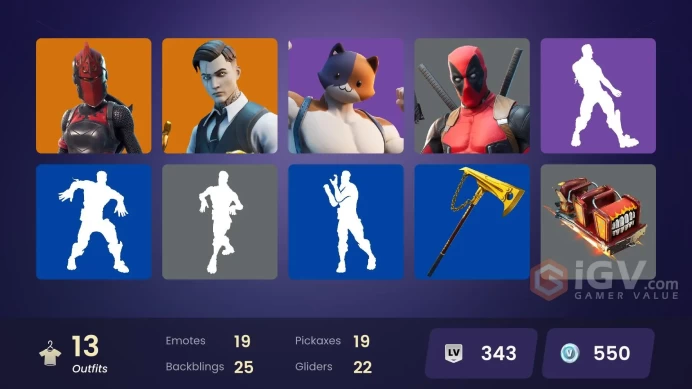 | PC/XBOX | 13 SKINS | Red Knight | Deadpool | Midas | Gear Specialist Maya | Lt. Evergreen | Brutus | Skye | Meowscles | 550 VBUCKS | Fldrt |