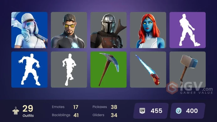 | PC | 29 SKINS | Menace | Predator | Mandalorian | Ronin | Jennifer Walters | Mystique | Mancake | Reese | Shanta | Lexa | 400 VBUCKS | Fppg7 |