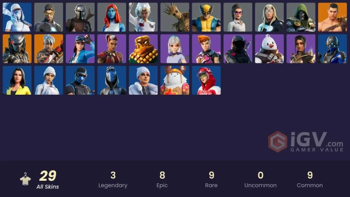 | PC | 29 SKINS | Menace | Predator | Mandalorian | Ronin | Jennifer Walters | Mystique | Mancake | Reese | Shanta | Lexa | 400 VBUCKS | Fppg7 |