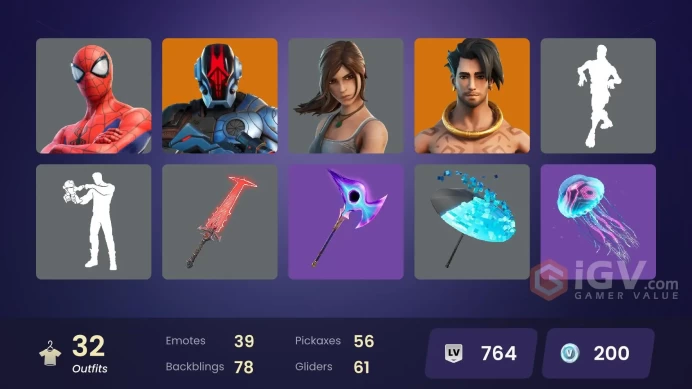 | PC/PSN/XBOX | 32 SKINS | The Foundation | Ronin | Kymera | Raz | Tarana | Agent Jones | Harlowe | Spider-Man | Shanta | 200 VBUCKS | FpM3q |