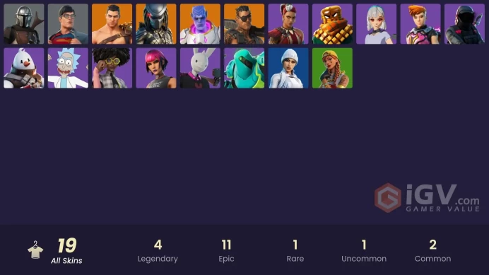 | PC/PSN/XBOX | 19 SKINS | Mandalorian | Joey | Predator | Menace | Kymera | Lexa | Sunny | Mancake | Zyg | Reese | Mave | 100 VBUCKS | FoVLP |