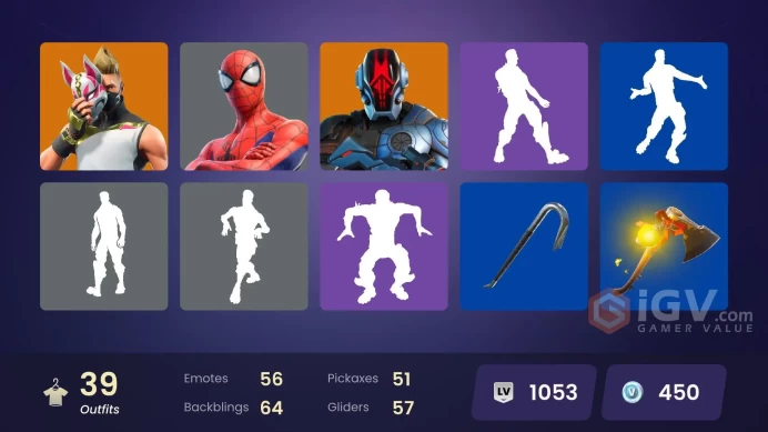 | PC/PSN/XBOX | 39 SKINS | A.I.M. | Calamity | The Imagined | Ronin | Ragnarok | The Foundation | Paradigm (Reality-659) | 450 VBUCKS | FoPWH |