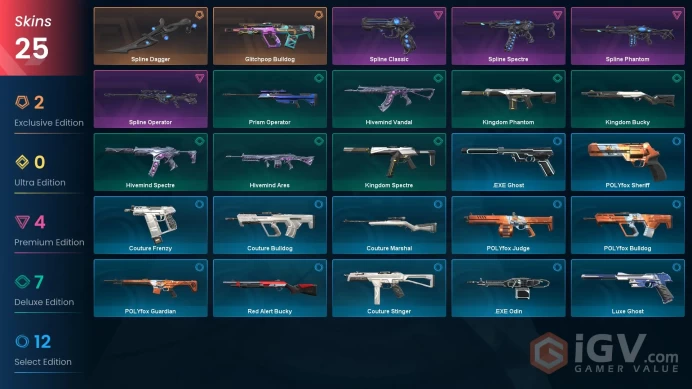 NA / 25 Skins / 1 Knife / Glitchpop / Spline / Couture / POLYfox / Kingdom / Hivemind / .EXE / Luxe / Prism / Red Alert XB31
