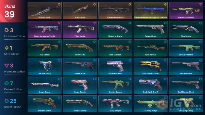 EU / 39 Skins / 2 Knives / Prime / Singularity / Gaia's vengeance / Surge / Immortalized / Surge / Artisan / Shimmer / XB32